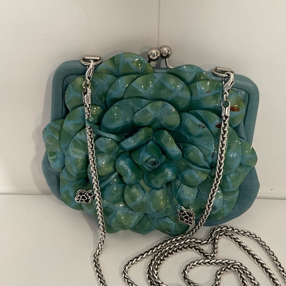 Brighton Roselie Green Layered Floral Design Long Silver Chain Kiss Lock Bag - Picture 5 of 16